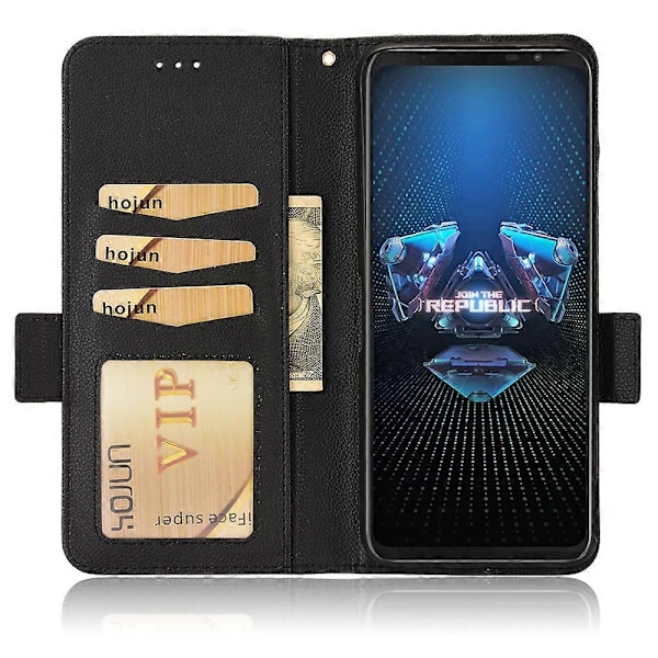 Til Asus ROG Phone 5/ROG Phone 5s/ZS676KS/ZS673KS Litchi Tekstur PU Læder Telefon Cover Magnetisk Lukning Tegnebog Stativ Flip Stødsikkert Cover Black