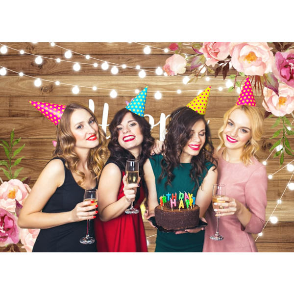 7x5ft Pink Floral Happy Birthday Baggrund Sommerfugl Trægulv Akvarel Blomster Piger Kvinder Fotografi Baggrund Banner Kage