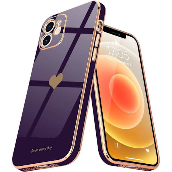Kompatibel med iPhone 12 Skal för Kvinnor Flickor Söt Kärleks-Hjärta Lyx Bling Mjukt Baksida Skydd Upphöjd Full Kamera iPhone 12, Mörk Lila