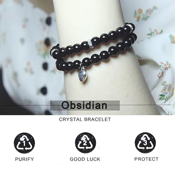 Helende armbånd til kvinder - Sort Obsidian armbånd - Helende bønner krystal armbånd, 8mm natursten anti-angst