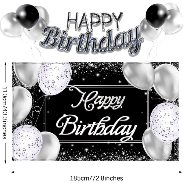 Happy Birthday Backdrop Banner Black and Silver Photography Background Happy Birthday Banner Large Birthday Party Sign Poster