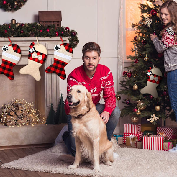 2 st Burlap Pet Julstrumpor Buffalo Plaid Stor Fiskformad Båge Husdjur Julstrumpor för Julgran Hemfest Dekorationer