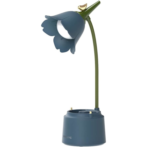 Søt LED-skrivebordslampe Kawaii-skrivebordstilbehør, Blomst Fugl Bordlampe USB Oppladbar, 3 Fargemoduser, Trinnløs Dempe (Blå)