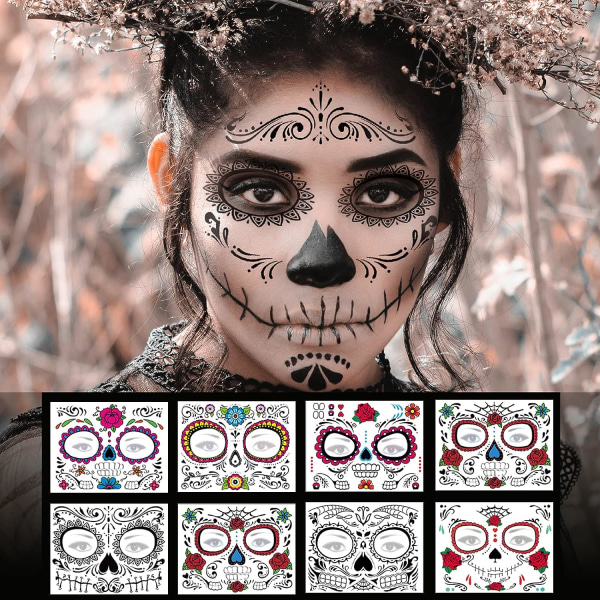 Day of the Dead ansikts tatoveringer - 8 ark Halloween midlertidige tatoveringer ansikt klistremerke sett Día de Los Muertos Glitter Røde roser