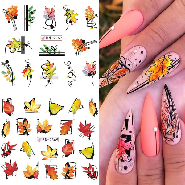 Maple Leaf Nail Art Stickers Decals Fall Thanksgiving Nail Decoration Water Transfer Autumn Leaves Pumpkin Fox Owl  12 Sheets