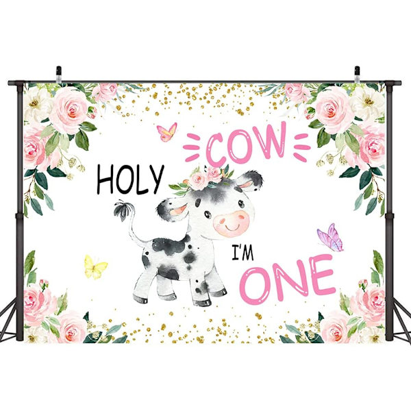 7×5ft Holy Cow I'm One Bakgrund Flickor 1:a Födelsedag Ko Rosa Blommig Första Födelsedagsfest Banner Dekorationer Fotografi Bakgrund Foto Rekvisita