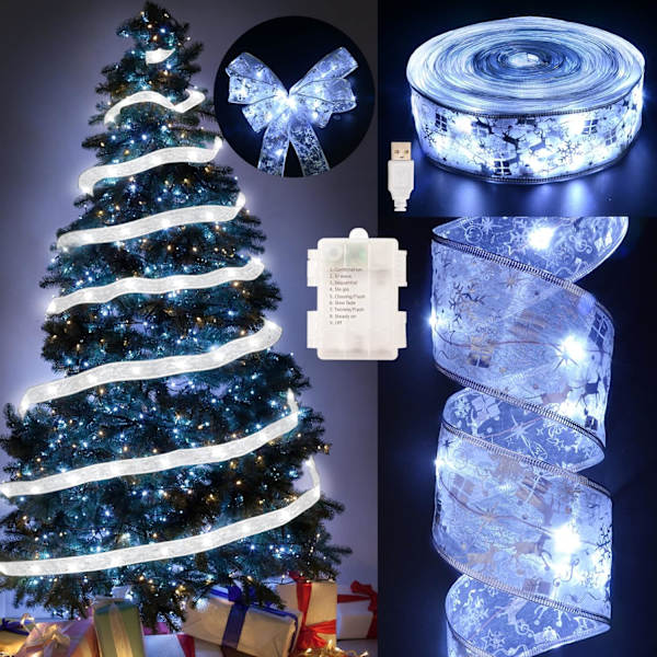 Heyone Julepynt - 2,5 tommer x 66 fod 200 LED juletræ båndlys med 8 lystilstande, batteridrevet (sølv)