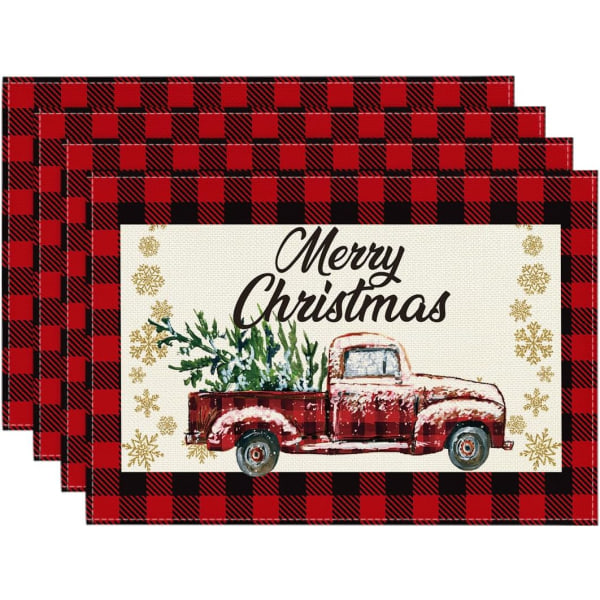 Röd och svart Buffalo Pläd Truck Merry Christmas Placestables Set med 4,30,48 x 45,72 cm Vinter Jul Semester Bordslöpare för festdekoration