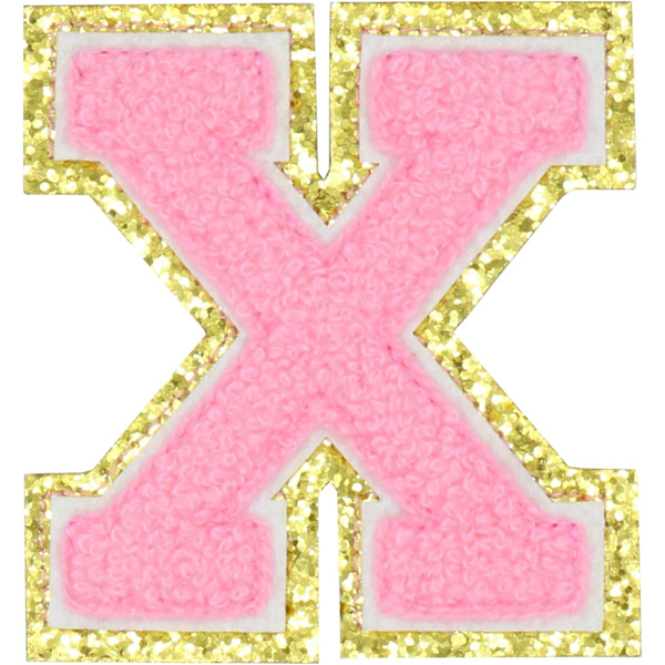 Englannin kirjaimen X rauta-sovellettavat korjauslaastarit Aakkosten ompelutarrat Vaatteiden merkit, kultaisen glitterin reunalla, liimapintainen tarra (Vaaleanpunainen X) XPink