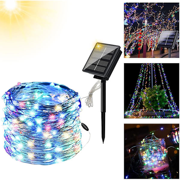 10M 100 LED Solcellelyskæde, Opgraderet Super Holdbar Sol Julelys Udendørs, Vandtæt 8 Tilstande Sol Fe Lys(Multifarvet)