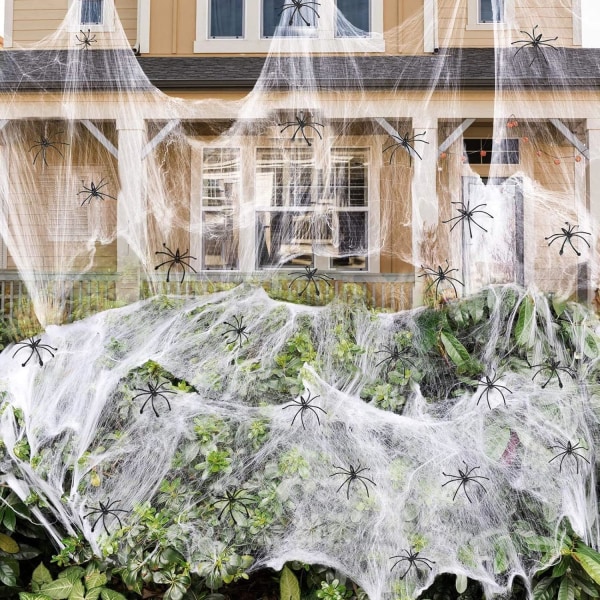 Halloween stora spindelnätsdekorationer med 60 falska spindlar, supertöjbara spindelnät Kreativ töjbar DIY-webb för fest Halloween