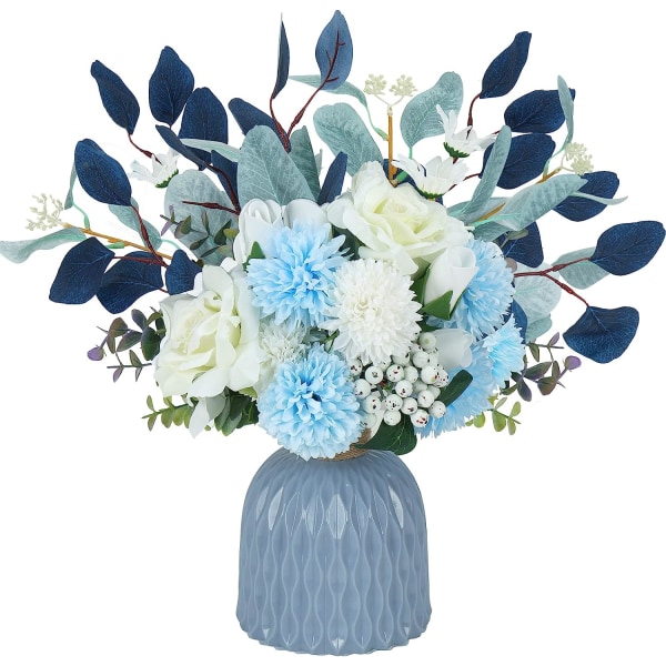 Kunstige blomster med vase, kunstige blomster i vase, falske blomsterbukett for midtpunkt, borddekorasjoner, hjemmekjøkkendekor