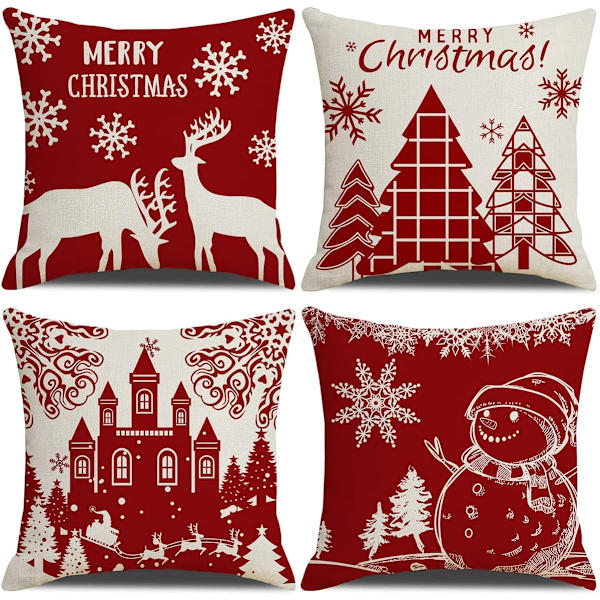 Jul kuddfodral 45x45cm, set med 4 jul dekorativa soffa i bomull och linne jul-jul dekoration röd