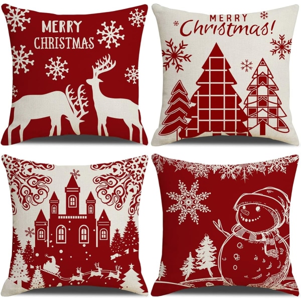 Juleputetrekk 45x45cm, 4-pak juledekorativ sofa i bomull og lin julepynt rød