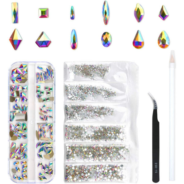 120 stk Multi Shapes Glass Crystal AB Rhinestones for Nail Art Craft, Mix 12 Style FlatBack Crystals  (120 stk Crystals+1728 stk rhinestones)