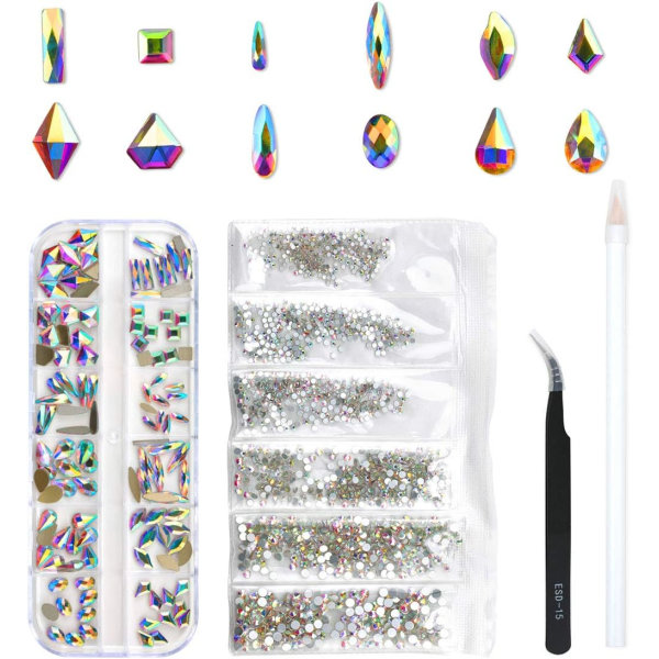 120 stk Multi Shapes Glass Crystal AB Rhinestones For Nail Art Craft, Mix 12 Style FlatBack Crystals (120 stk Krystaller + 1728 stk rhinestones)