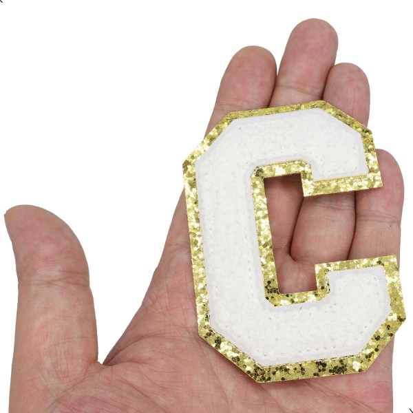 Engelska bokstaven C Stryk på reparationslappar Alfabetsömnad Applikationer Klädmärken, med guldglitterkant, självhäftande bakdekal（Vit C）CWhite