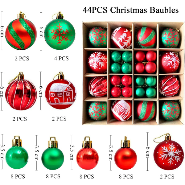 44 kpl rikkoutumattomat joulupallot joulukuuseen, hääjuhliin, juhliin (punainen/vihreä)