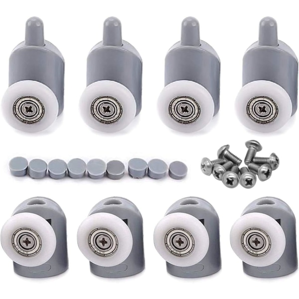 8 stk. x brusehjul til brusedøre (4x øverste + 4x nederste + skrue + dæksler), brusehjul / løbere / hjul / remskiver / føringer 23 mm diameter