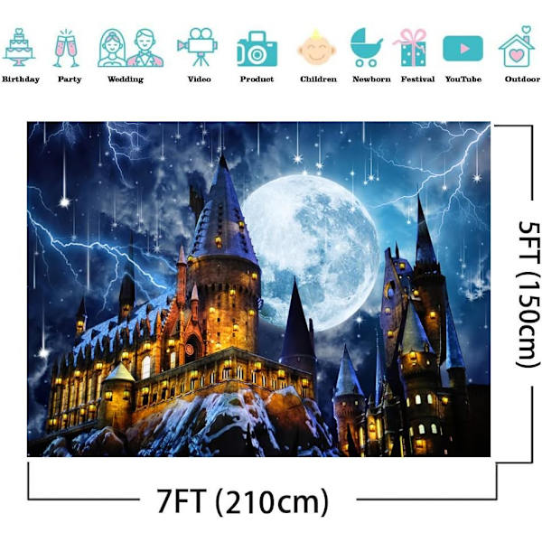 7X5FT Magisk Slott Skole Palass Bakgrunn Halloween Natt Stor Måne Lyn Fotografi Bakgrunn Baby Shower Barn Portrett Bursdagsfest