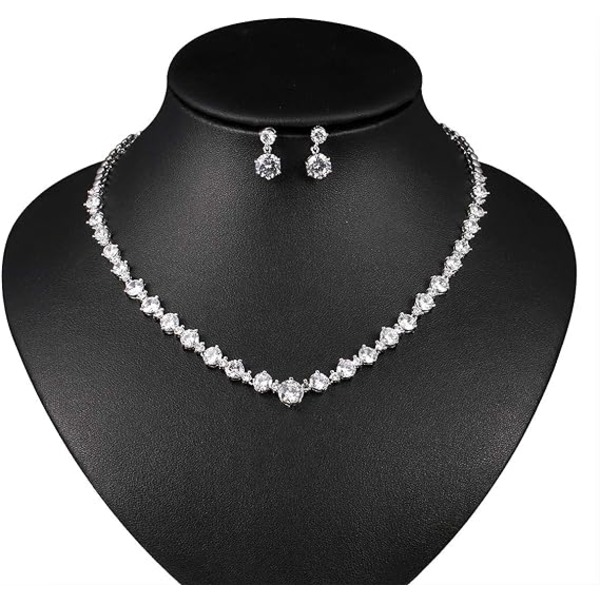 White Gold Plated Women's Square Crystal Zircon Round Cut CZ Bridal Necklace and Earrings Set Suitable for Bridal Wedding