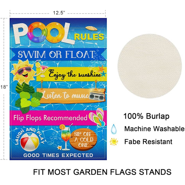 Pool Rules Skilte og Dekorationer Udendørs Have Flag Vertikal Dobbeltsidet Burlap Sommer Have Udendørs Dekoration Hjem Indretning 12x18Tommer