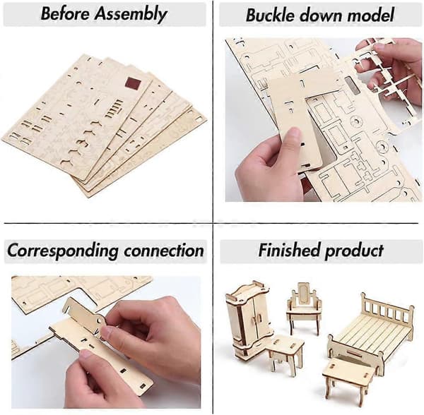 3D Miniatyr Møbelsett Tre Dukkehus Møbler Puslespill DIY Hus Rom Mini Møbler Puslespill Gave til Barn