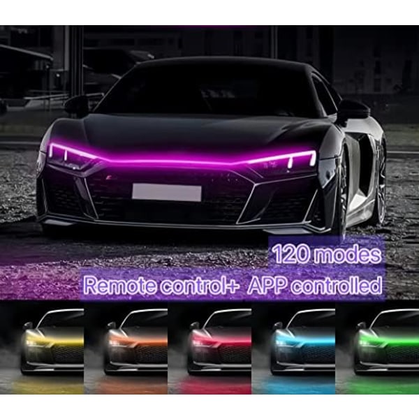 Bil led huvljus,Multicolor 120modes (70 tum) 12V, led lampor för bil,silverhållare Dynamisk bil huv led Strip,led billjus