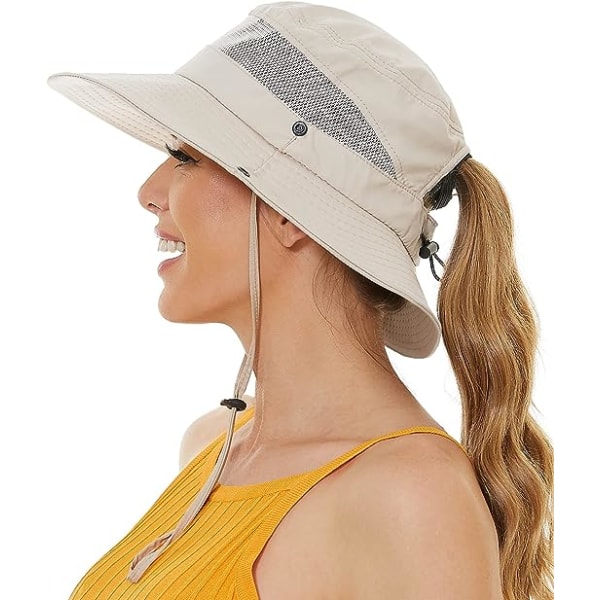Solhatt med hestehalehull for kvinner, sol UV-beskyttelse UPF50+ vanntett strandbøtte safari fotturhatt for kvinner