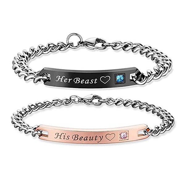 Parrelation armband för par, set med "Her Beast His Beauty", 2 st, romantiska bokstäver, parkopplade armband, löften, gåvor, födelsedagspresent för tonåringar