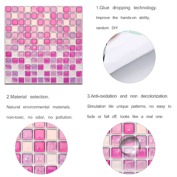 3D Mosaikplattor Klistermärken Väggklistermärke Heminredning för Kök Badrum (9,29\"x9,29\", Lila)
