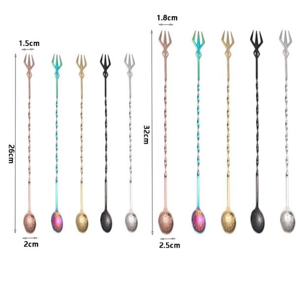 Cocktail-omrörare med långt skaft, sked-gaffel, dubbeländad dryckesblandare, rostfritt stål, muddlare, bartender, 36/32 cm