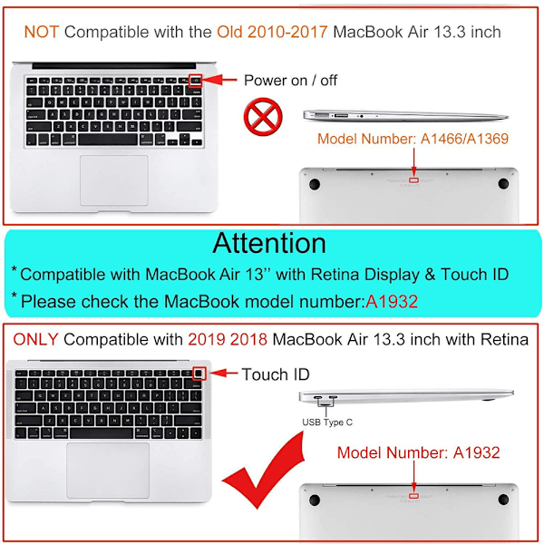 Ultratunt tangentbordsöverdrag för MacBook Air 13 tum 2020-modell A2179 med Touch ID, MacBook Air 13 tum tillbehör, mjukt skyddande skal