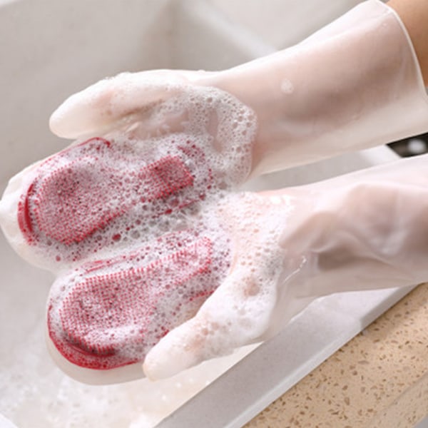 Silikonhandskar, återanvändbara vattentäta rengöringshandskar med rengöringsborste, handskydd och värmebeständighet för badrummet i köket
