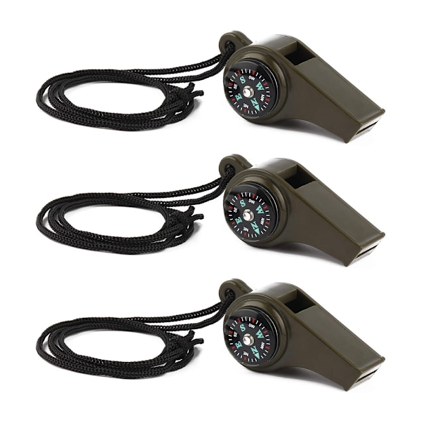 3-pack nödöverlevnadsvisselpipa, 3-i-1 nödvisselpipor med kompass och termometer, högljudd säkerhetsvisselpipa med snöre för utomhusvandring