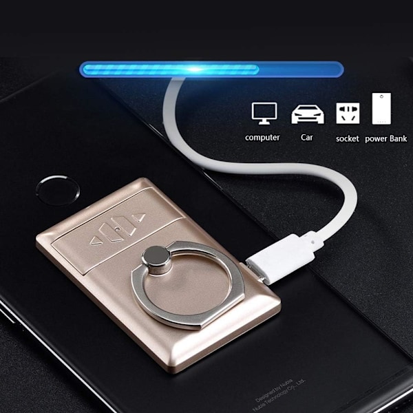 Sommarrea USB Tändare Uppladdningsbar Elektrisk Flamfri Tändare Telefonring Spänne Hållare 2 i 1 (Guld)