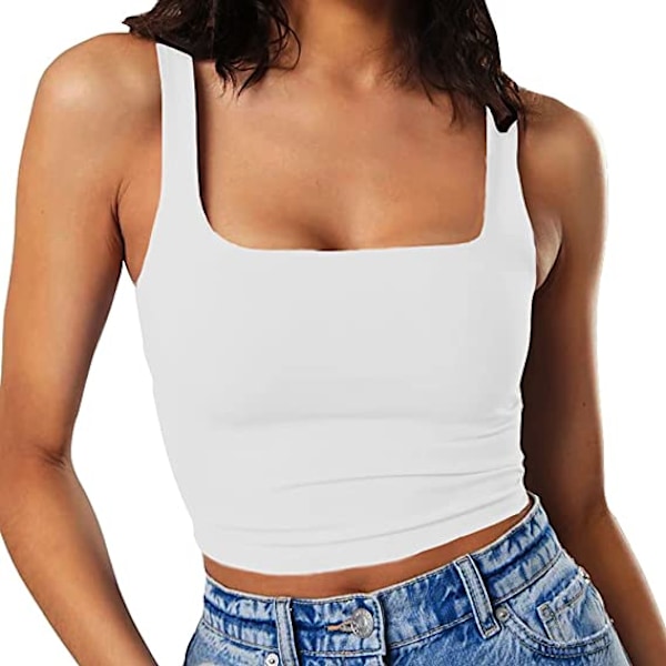 Kvinnors ärmlösa axelbandslinne fyrkantig hals dubbelskiktad träning fitness casual basic crop tops - vit