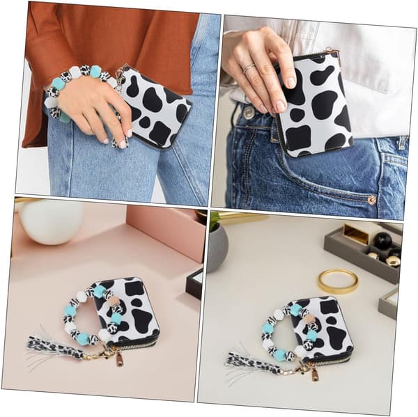 Cow Pattern Card Holder Wallet with Zipper and Keychain Pouch