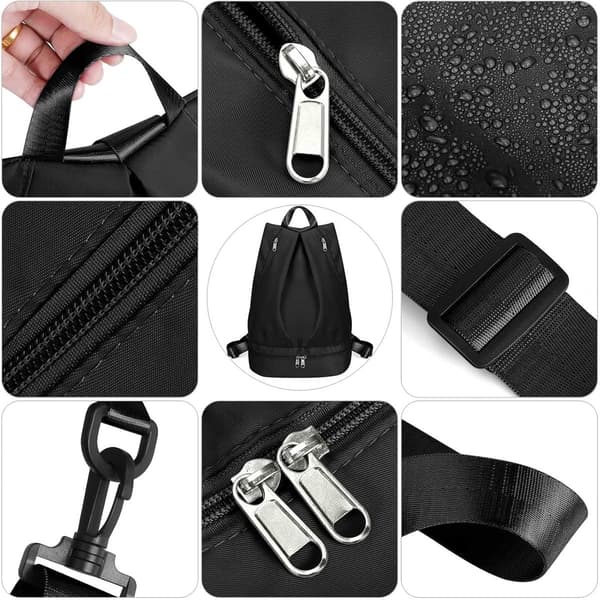 Women's Swim Gym Backpack with Wet Dry Separation Shoe Compartment Foldable Nylon Sports Bag with Adjustable Straps, Black