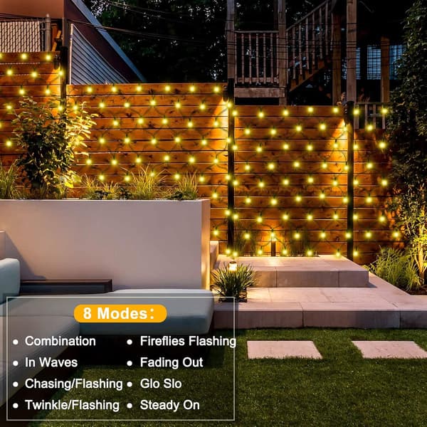 96 LED-netlys til træer 4,9ft x 4,9ft, 8 tilstande Dekorative udendørslys til camping strand have terrasse (Varm hvid)