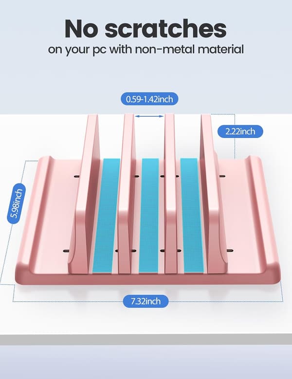 1 pc Vertical Laptop Stand 3 Slots, Laptop Holder for Desk with Adjustable Width, Office Desk Tablet Stand Space-Saving - Pink