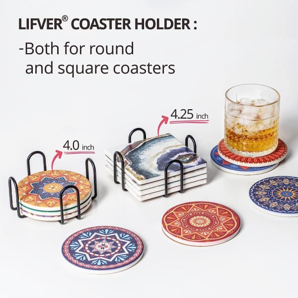 Minimalistisk sort jernmetal coasterholder til både runde og firkantede coasters