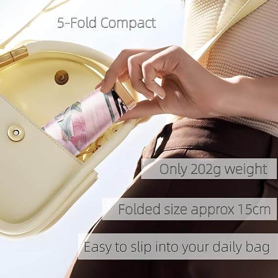 Mini foldbar paraply, regn- og solbeskyttelse dobbeltbrug, blomsterdesign, UPF50+ sort belægning til UV-beskyttelse, vindtæt lomme paraply til kvinder.