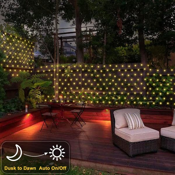 96 LED-netlys til træer 4,9ft x 4,9ft, 8 tilstande Dekorative udendørslys til camping strand have terrasse (Varm hvid)