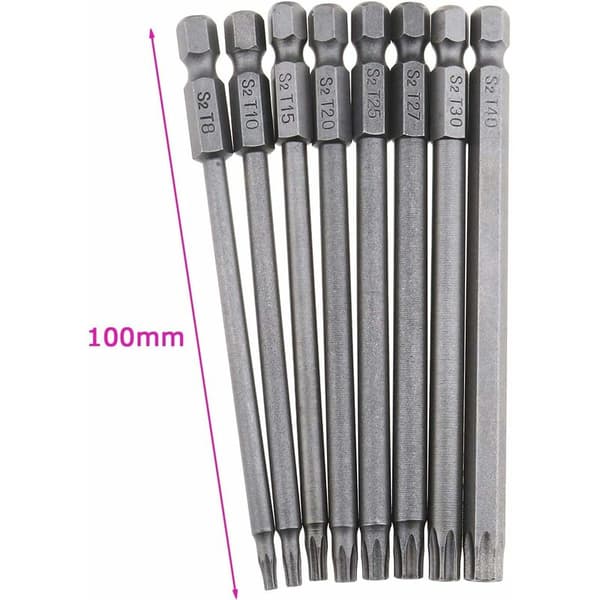 8 Pieces Extra Long T8-T40 Hex Screwdriver Bits, Durable S2 Steel with Torx Security Magnetic Head (100mm) KLB