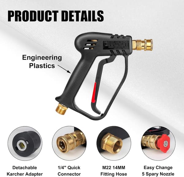 Högtryckstvättspistol med 5 sprutmunstycken, 1/4 \" snabbkoppling och adapterersättning, M22-14mm