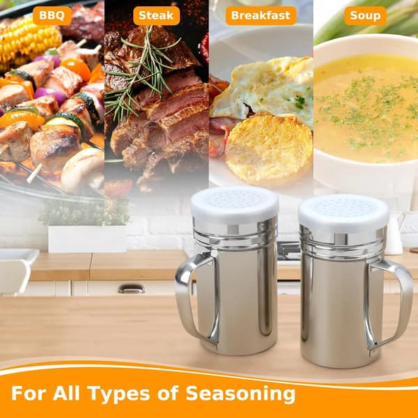 2-pack Stainless Steel Salt and Pepper Shakers with Handle and Spice Lid for Kitchen and Dining, 400 ml