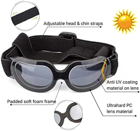 Dog Sunglasses, Clear Black Dog Goggles with Adjustable Strap, UV Protection and Windproof Design, Soft Padding for Comfort for Small Breeds, Lightweight