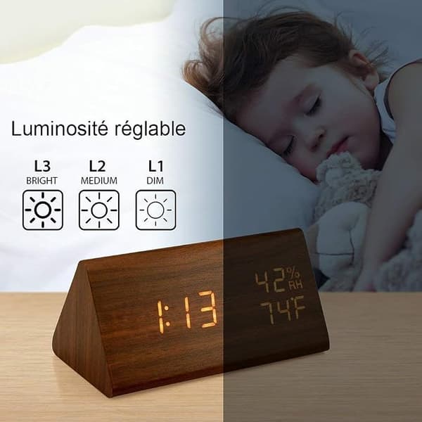 Puinen herätyskello, (valkoinen valo) Digitaalinen LED-puuherätyskello