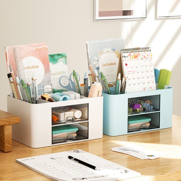 Storage Box for Office Supplies, Large Capacity Desktop Organizer with Pen Holder for Students and Office (White) White White